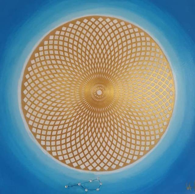 1000-blättriger Lotus mit Sternbild, blau – Iris Thura Stehlin – Acryl, Strukturmaterialien