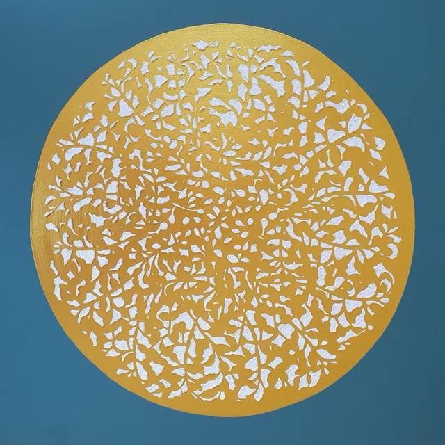 Florales Motiv, petrol – Iris Thura Stehlin – Acryl, Strukturmaterialien