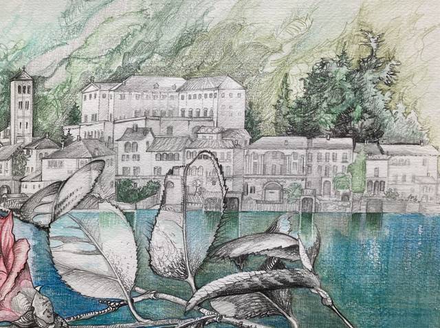 Isola San Giulio – Karin Steffek-Moravia – Blei- und Buntstiftzeichnung, aquarelliert