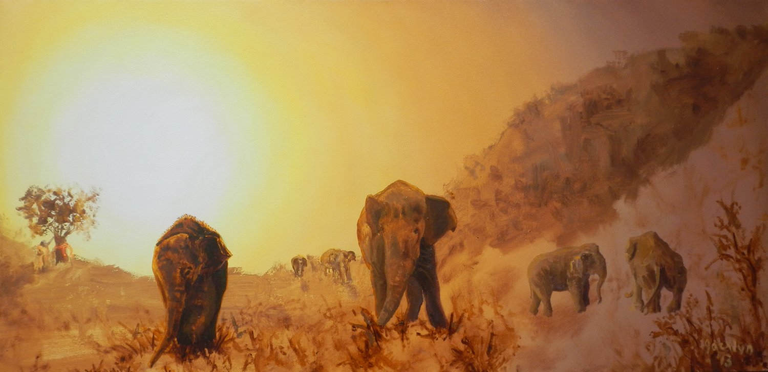 Goldene Stunde der Elefanten – Jacklyn Gratzfeld – Öl auf Leinwand