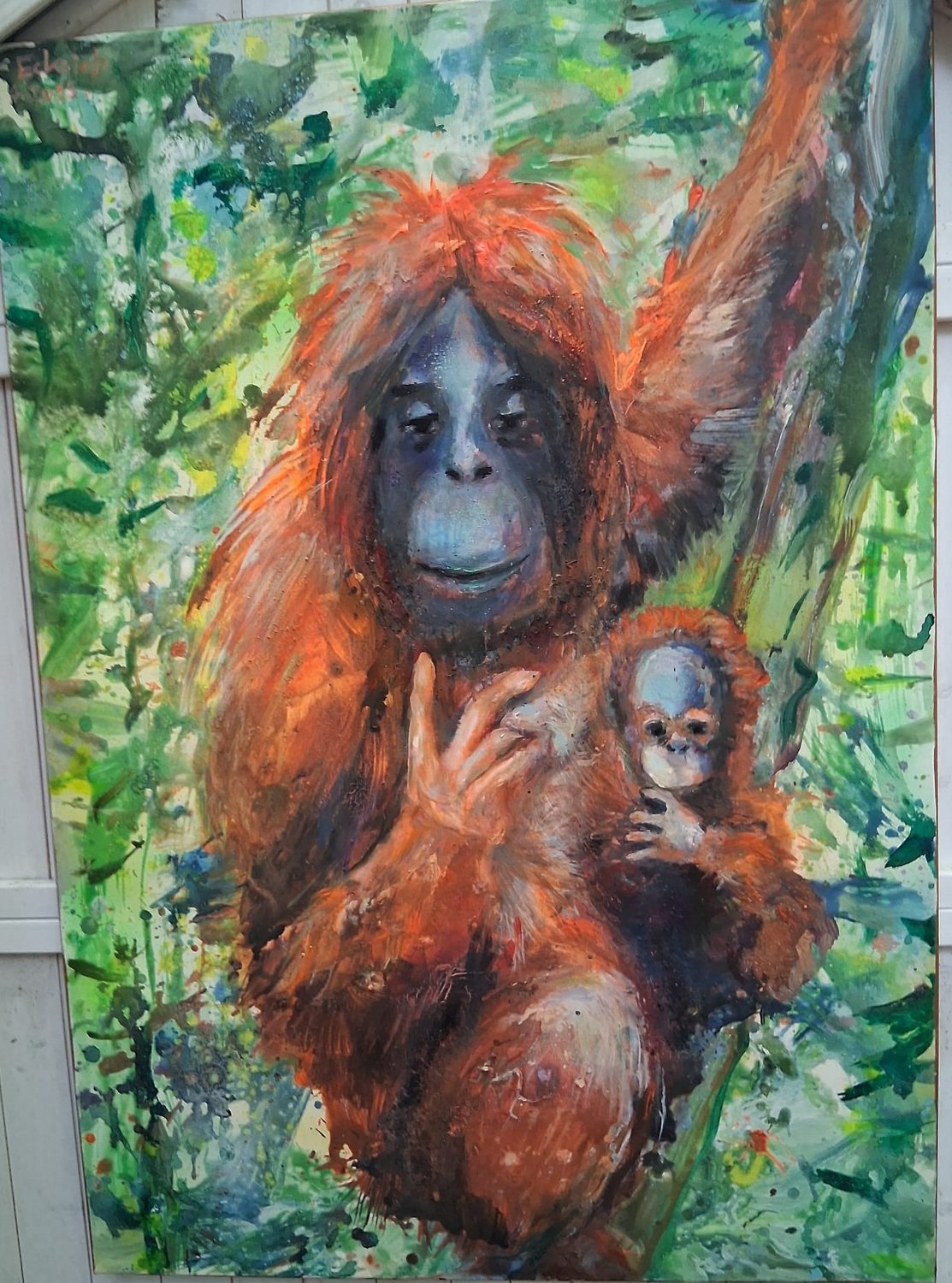 Orang-Utan mit Kind – Martin Eckrich – Mischtechnik auf Leinwand