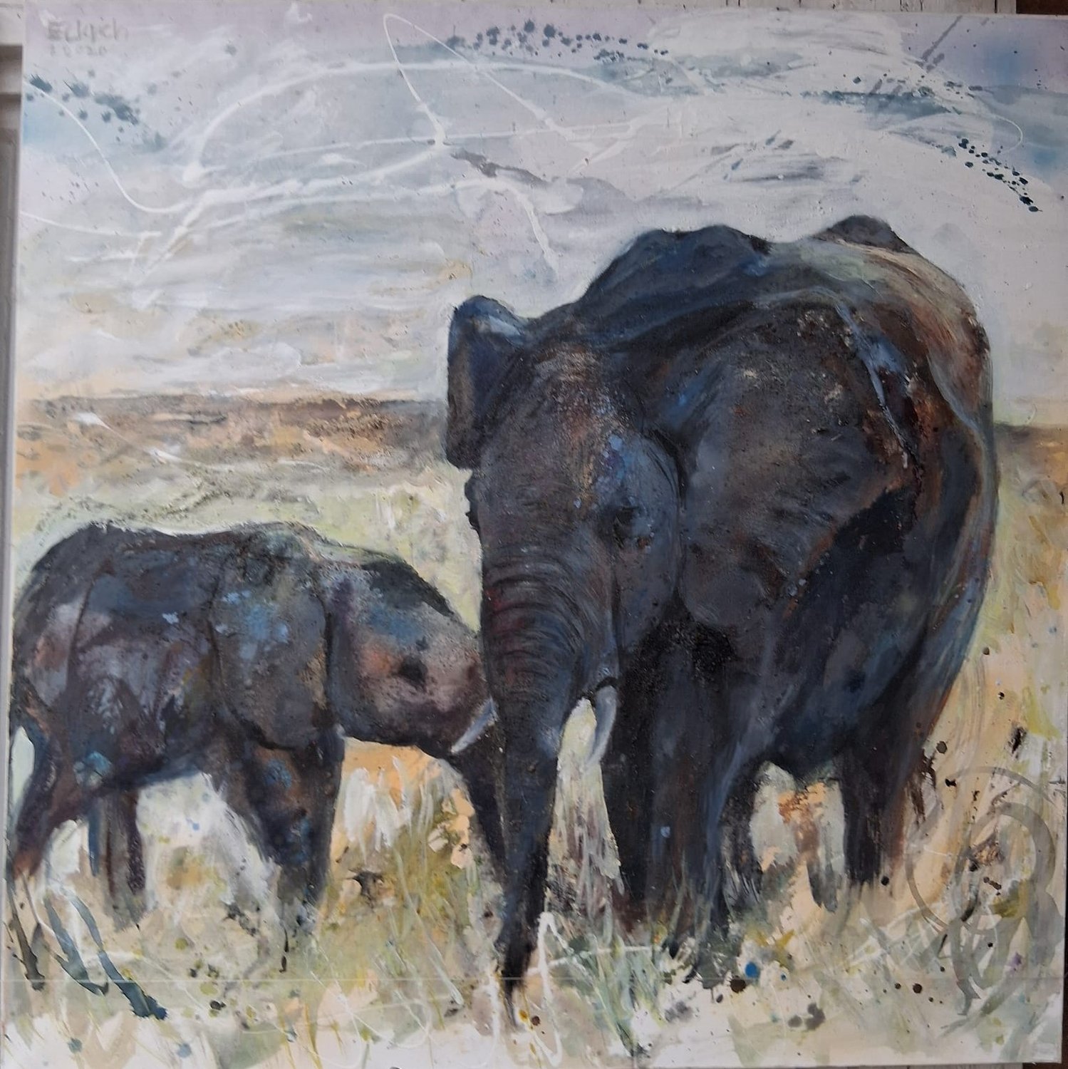 Elefant mit Kind – Martin Eckrich – Mischtechnik auf Leinwand