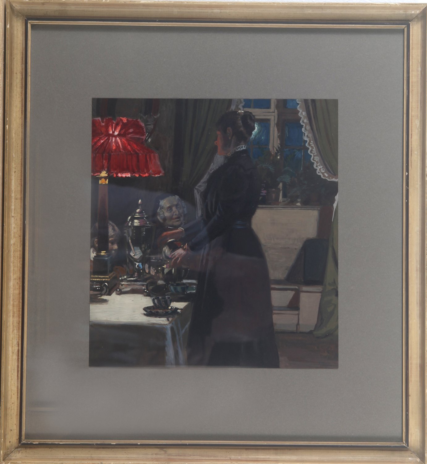 Abendliches Interieur mit Frauen – Viggo Zuschreibung Johansen – Gouache