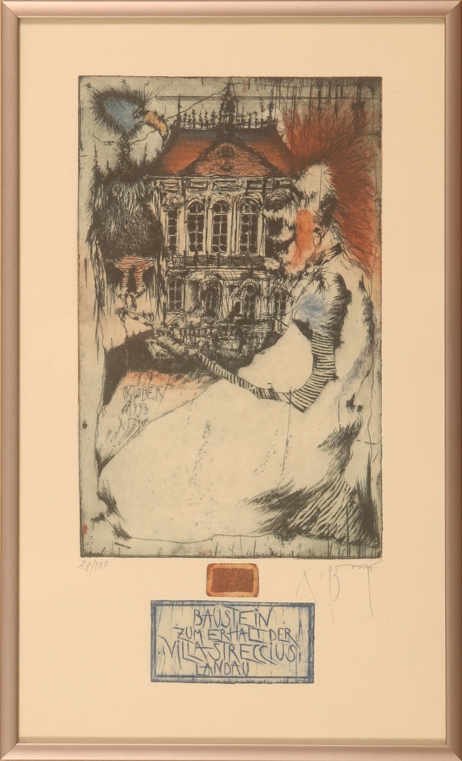 Baustein zum Erhalt der Villa Streccius Landau – Xaver Mayer – Farbradierung