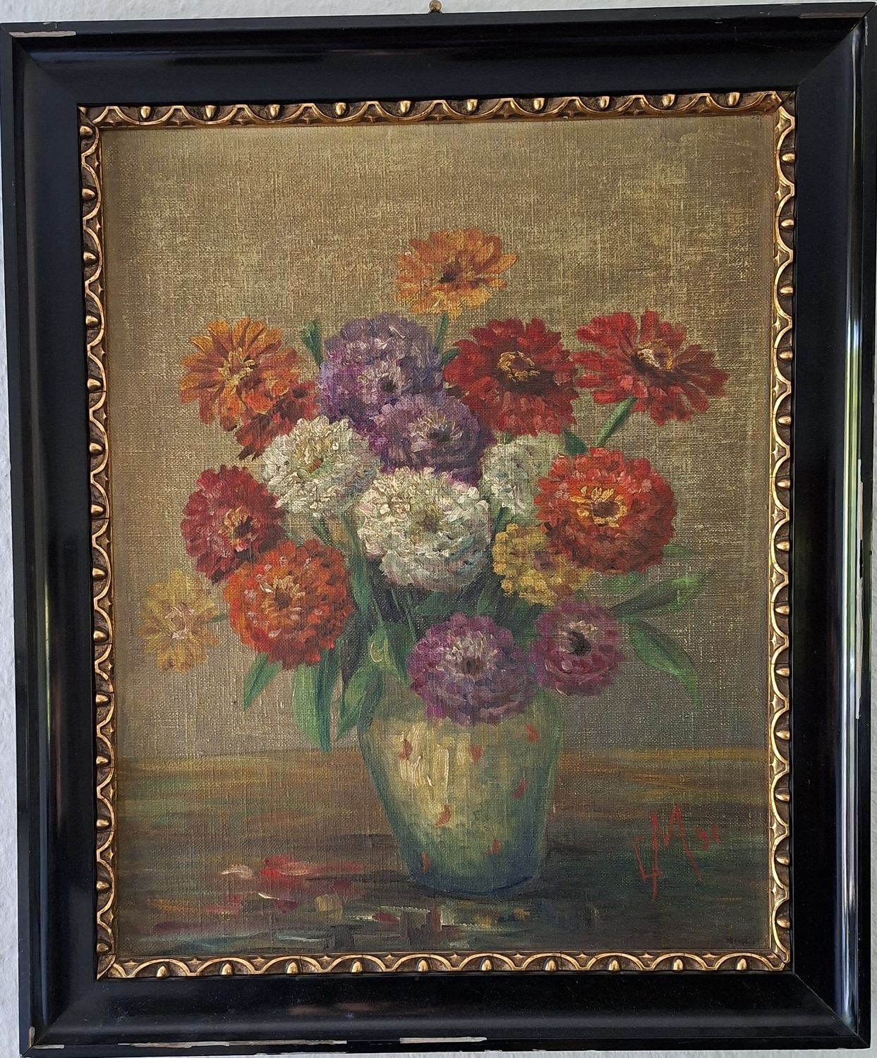 Zinien in Vase – C. Missler – Öl auf Leinwand